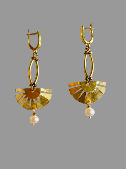 Aztec-Tulum•Unique Freshwater Pearl Golden Geometric Hand Hammered Brass Earrings