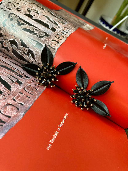 Elegant Handmade Shiny Black Beads Silky Thread Leaf Floral Earrings