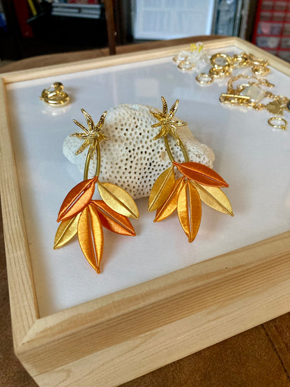 Unique Versatile Design Silky Thread Orange Gold Floral Gold Studs Earrings-Handmade Cultural Jewelry