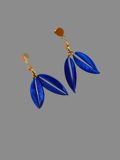 Unique Design Royal Blue Silky Floral Earrings-Hand-wrapped silky threads leaves