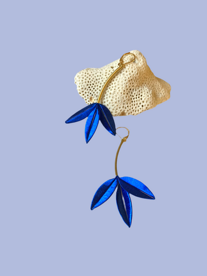Unique Design Hand-wrapped Royal Blue Silky Thread Tree Leaf Floral Earrings