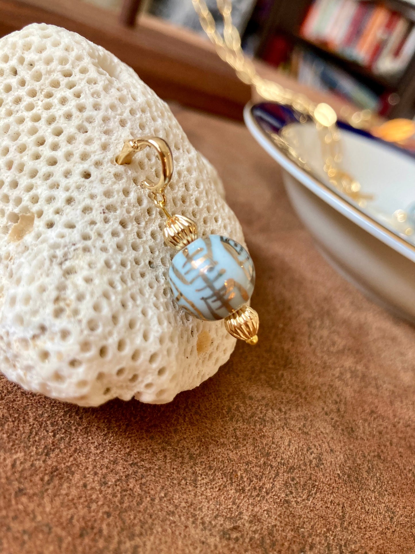 Esperanza•Unique Design Interchangeable Golden Necklace with Natural Baroque Pearl & Hand Painted Ancient Chinese Character of Long-Life Ceramic Bead