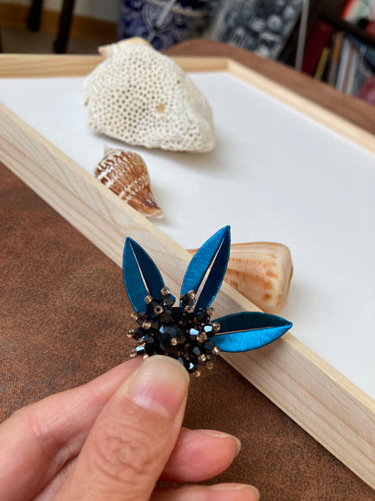 Elegant Handmade Shiny Peacock Blue Silky Thread Leaf Floral Earrings
