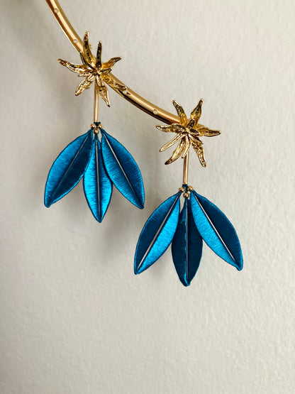 Marjon • Unique Versatile  Design Golden Floral & Peacock Blue Stud Earrings – Handmade Statement Cultural Jewelry