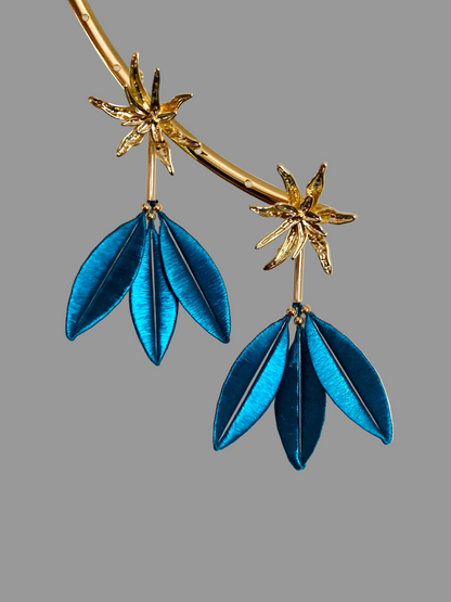 Marjon • Unique Versatile  Design Golden Floral & Peacock Blue Stud Earrings – Handmade Statement Cultural Jewelry
