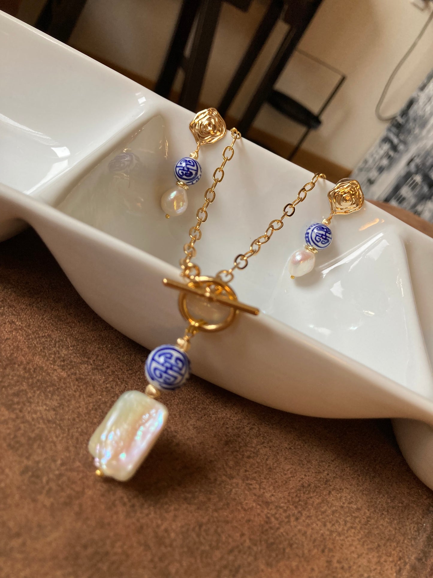 Set-Statement Golden Baroque Pearl Necklace & Stud Earrings Set with Hand Painted Ancient Chinese Character of Long-Life Ceramic Beads