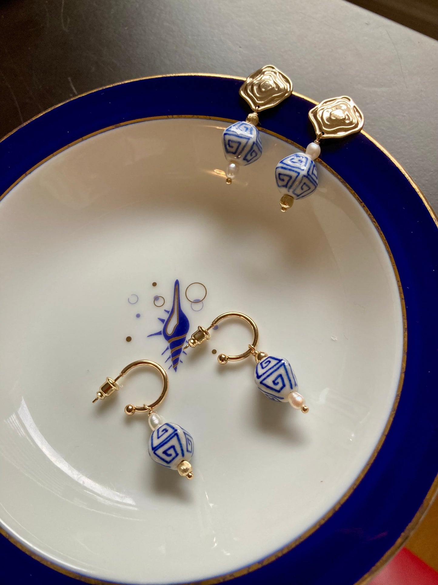 Interchangeable Modern Design Golden Huggie Earrings with Hand Painted Ancient Pattern