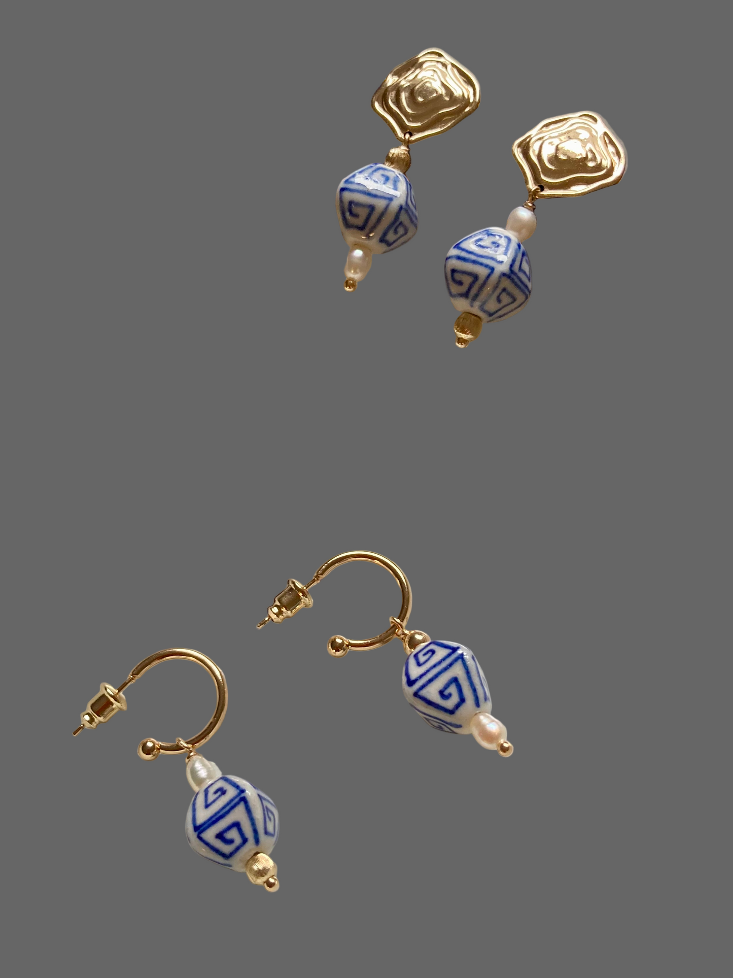 Interchangeable Modern Design Golden Huggie Earrings with Hand Painted Ancient Pattern