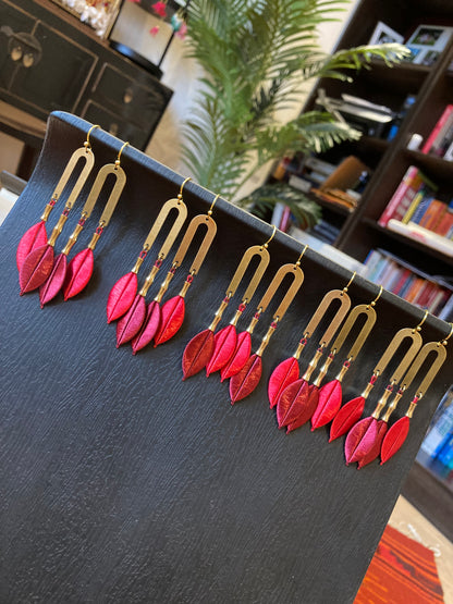 Kisses• Handmade Red Silky Thread Tree Leaf Earrings – Shiny Statement Artisan Jewelry