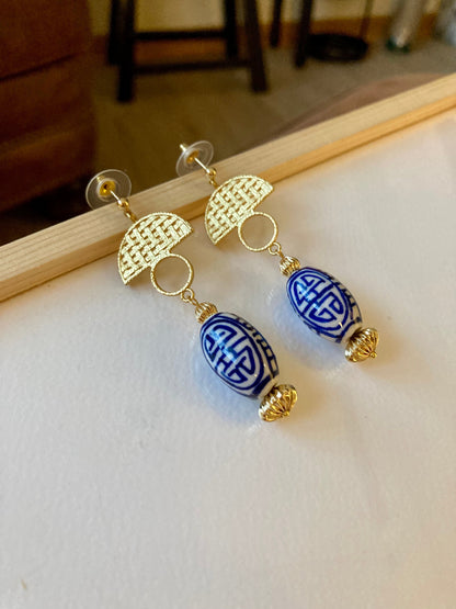 Interchangeable Huggies Earrings with Hand Painted Ceramic Ancient Character of Long-Life Ceramic Beads