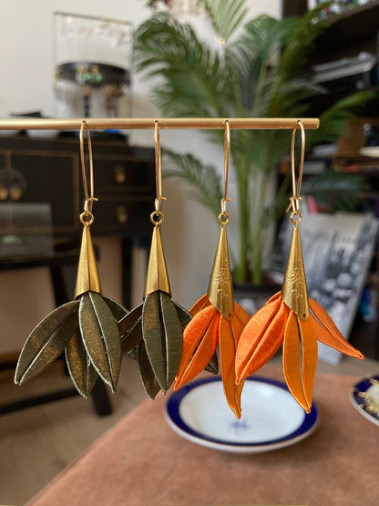 Handmade Orange Silky Thread Leaf Lily Floral Earrings -Unique versatile design