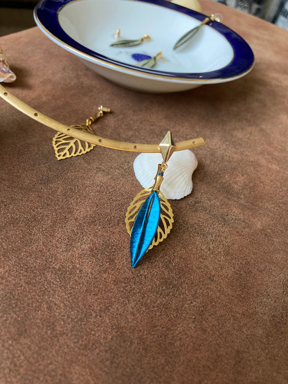 Interchangeable Gold Shiny Peacock Blue Silky Thread Leaf Dangling Earrings