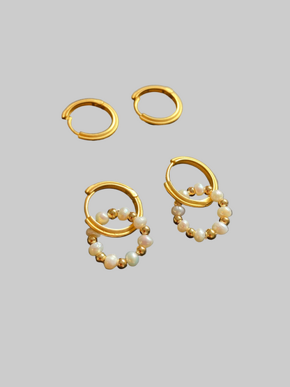 Matte Gold Textured Huggies Earrings w/Freshwater Pearl Wreath