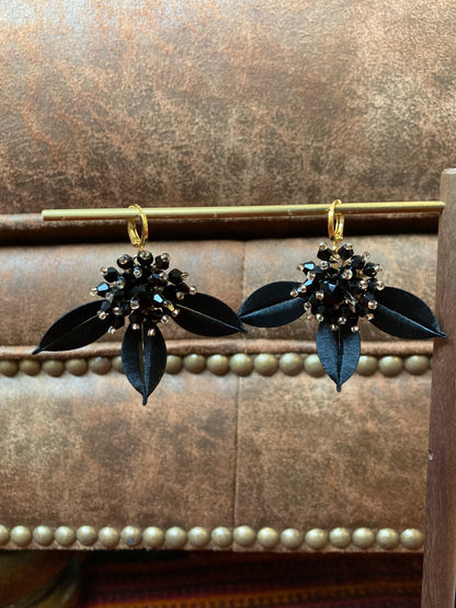 Elegant Handmade Shiny Black Beads Silky Thread Leaf Floral Earrings