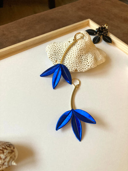Unique Design Hand-wrapped Royal Blue Silky Thread Tree Leaf Floral Earrings