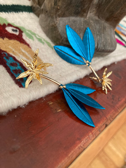 Marjon • Unique Versatile  Design Golden Floral & Peacock Blue Stud Earrings – Handmade Statement Cultural Jewelry