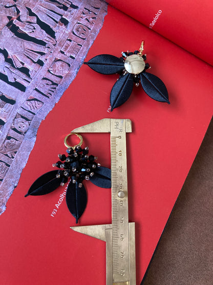 Elegant Handmade Shiny Black Beads Silky Thread Leaf Floral Earrings