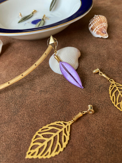Versatile Gold & Lavender Shiny Silky Thread Leaf Earrings-Handmade Cultural Jewelry