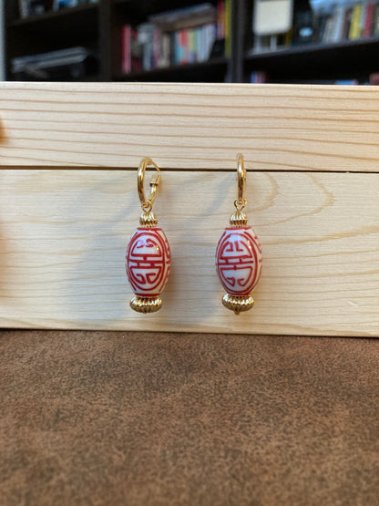 Interchangeable Huggies Earrings with Hand Painted Ceramic Ancient Character of Long-Life Ceramic Beads