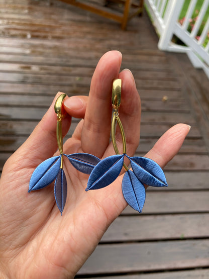 Ocean Blue Unique Design Statement Silky Floral Dangling Stud Earrings-Handmade