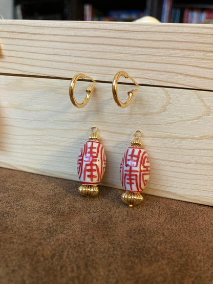 Interchangeable Huggies Earrings with Hand Painted Ceramic Ancient Character of Long-Life Ceramic Beads