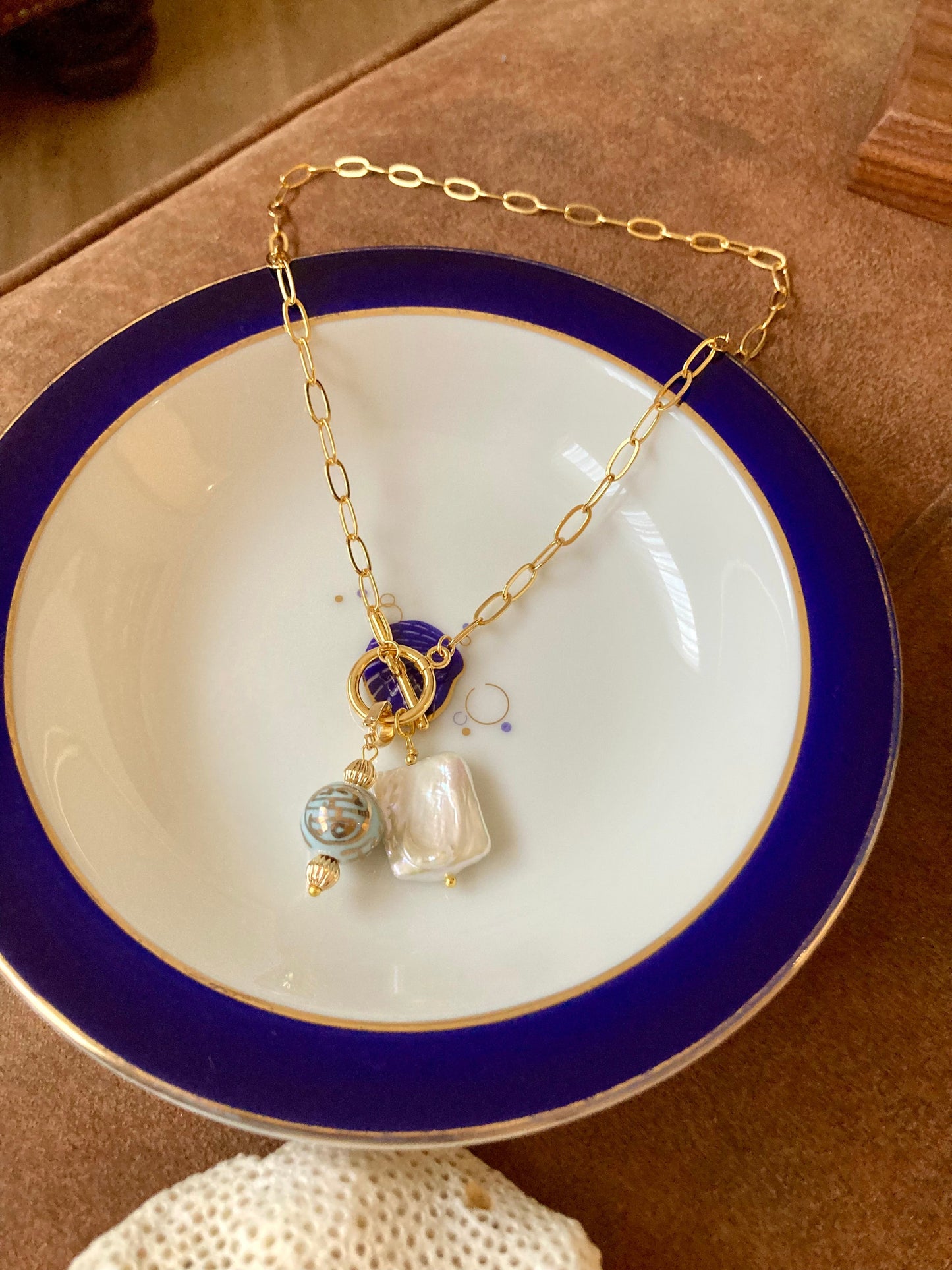 Esperanza•Unique Design Interchangeable Golden Necklace with Natural Baroque Pearl & Hand Painted Ancient Chinese Character of Long-Life Ceramic Bead