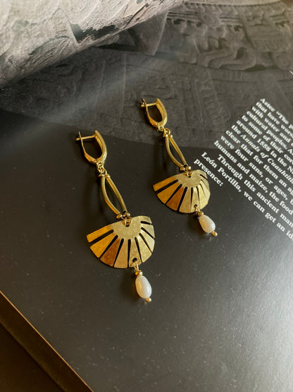Aztec-Tulum•Unique Freshwater Pearl Golden Geometric Hand Hammered Brass Earrings