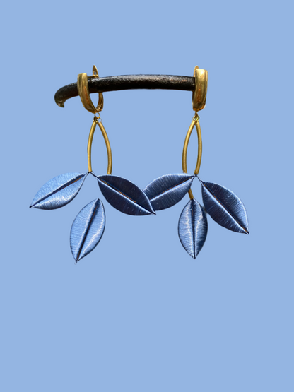 Ocean Blue Unique Design Statement Silky Floral Dangling Stud Earrings-Handmade