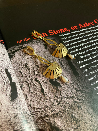 Aztec-Tulum•Unique Freshwater Pearl Golden Geometric Hand Hammered Brass Earrings
