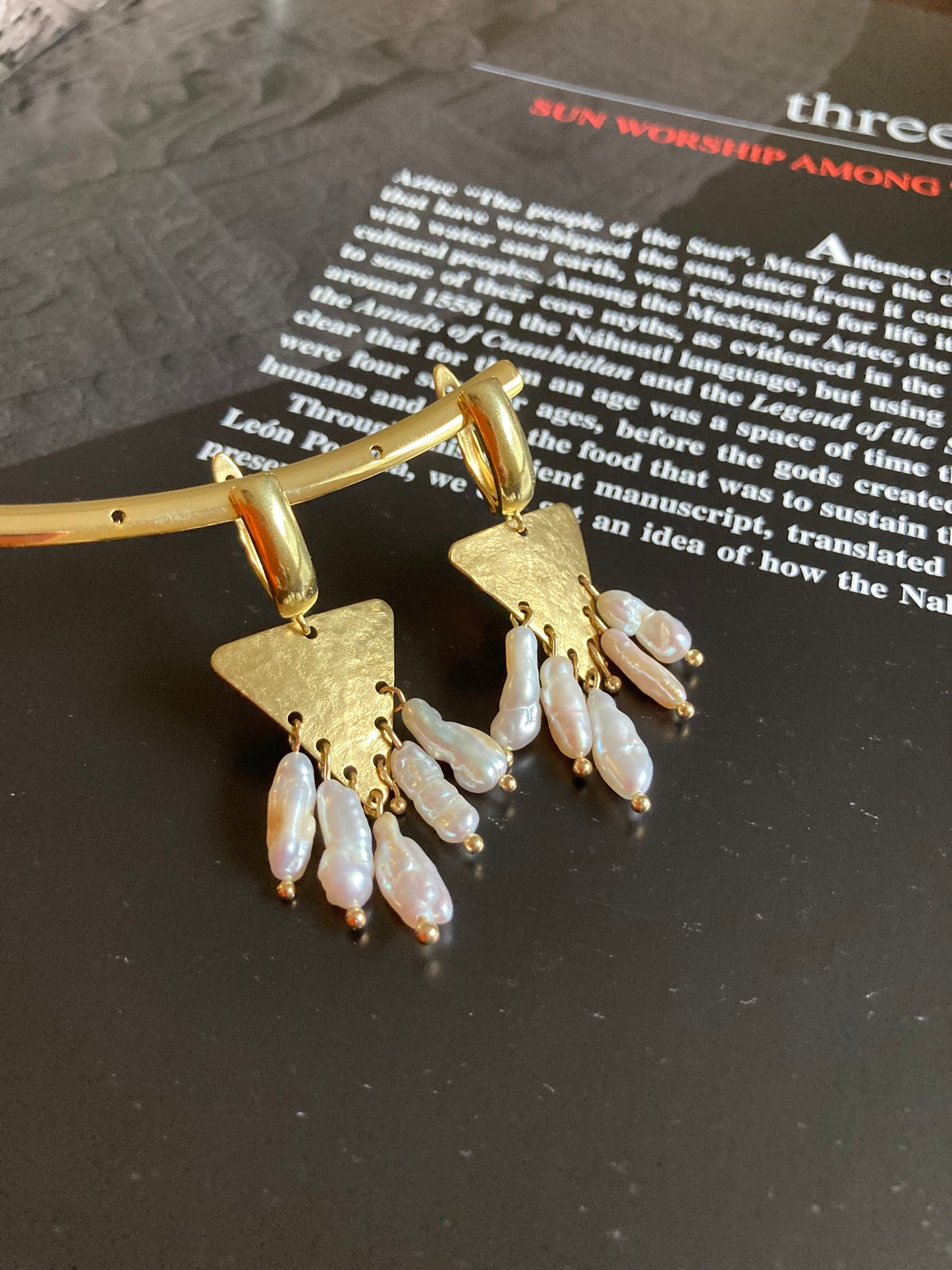 Tulum•Unique Hand Hammered Golden Geometric Freshwater Pearl Earrings