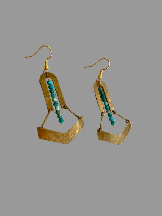 Tulum•Unique Turquoise Beads Hand Hammered Golden Geometric Earrings