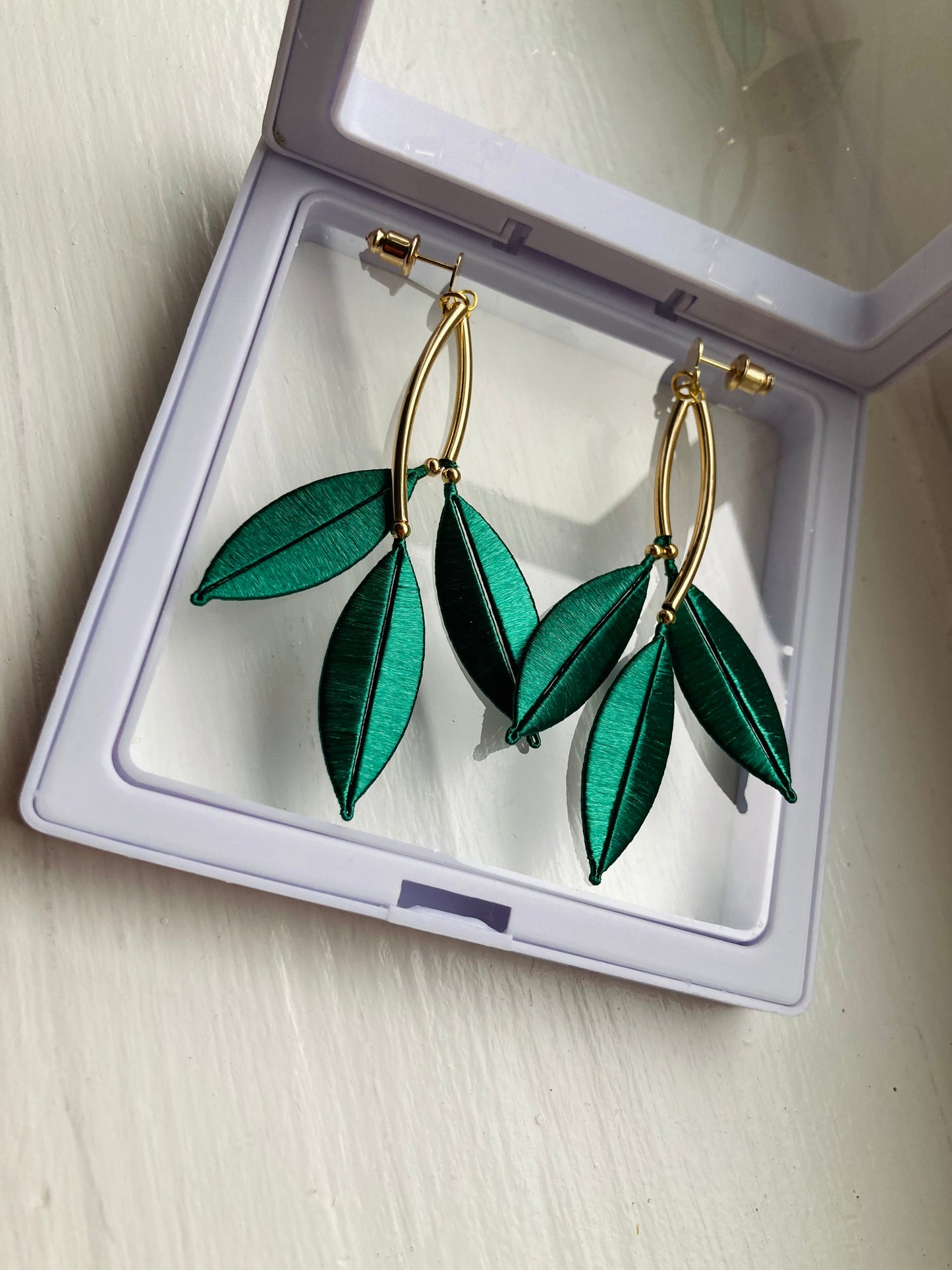 Statement Golden Hand-wrapped Silky Green Leaf Floral Earrings