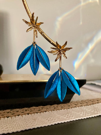 Marjon • Unique Versatile  Design Golden Floral & Peacock Blue Stud Earrings – Handmade Statement Cultural Jewelry
