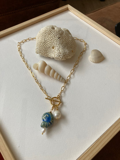 Fun Chic 6+Way to Style Interchangeable Double Layer Golden Necklace with Natural Freshwater Pearl & Ceramic Shell Charm