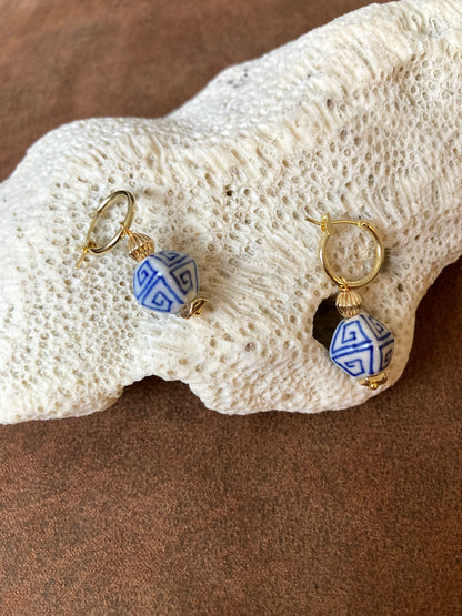Interchangeable Modern Design Golden Huggie Earrings with Hand Painted Ancient Pattern
