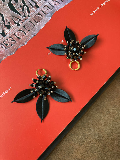 Elegant Handmade Shiny Black Beads Silky Thread Leaf Floral Earrings