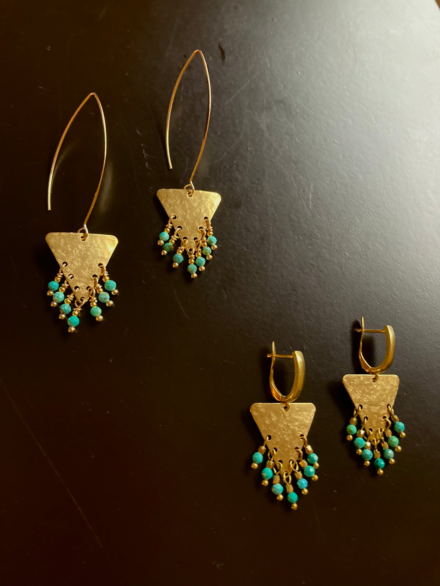 Tulum•Unique Hand Hammered Golden Geometric Turquoise Beads Tassel Earrings