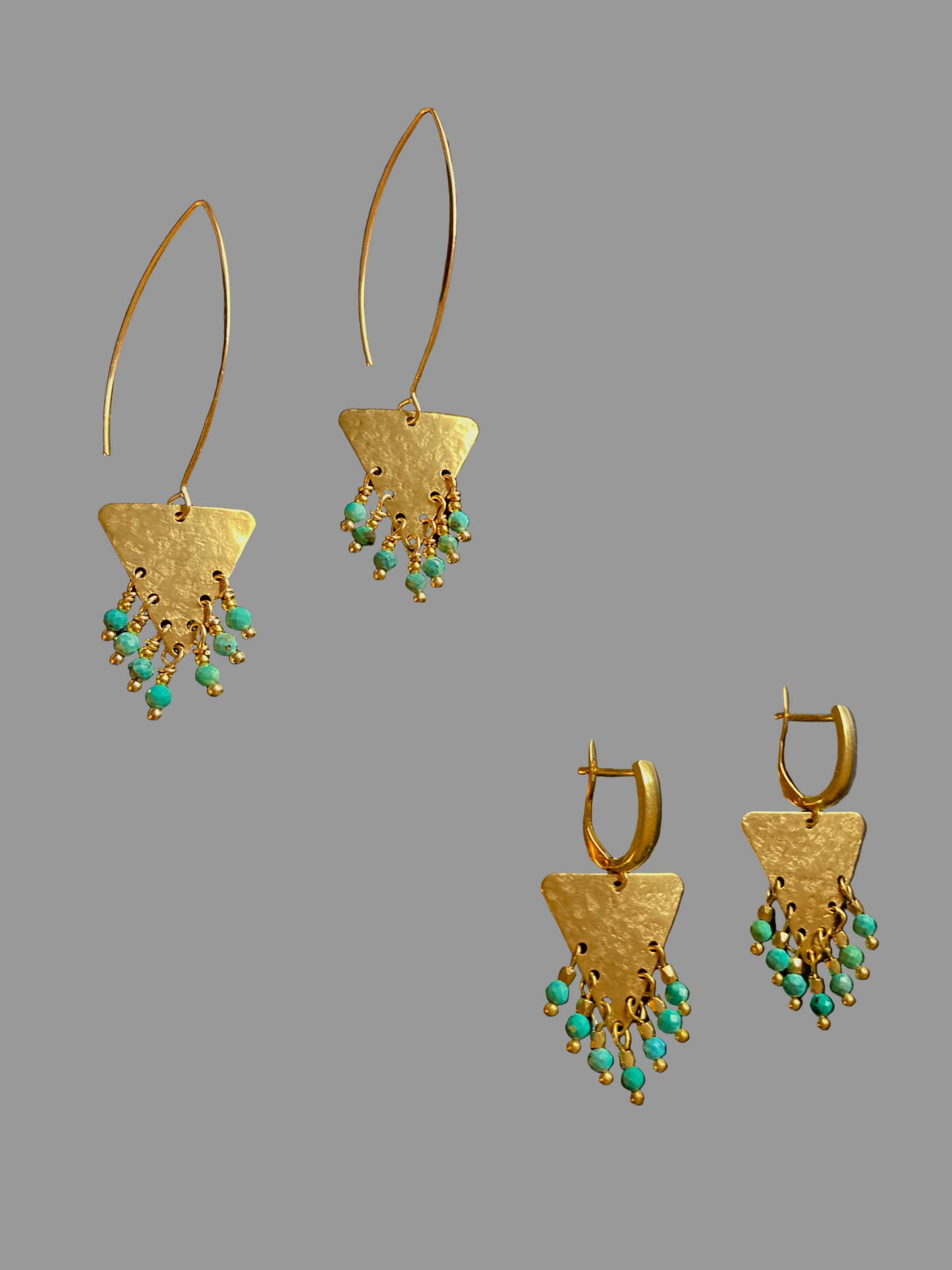 Tulum•Unique Hand Hammered Golden Geometric Turquoise Beads Tassel Earrings