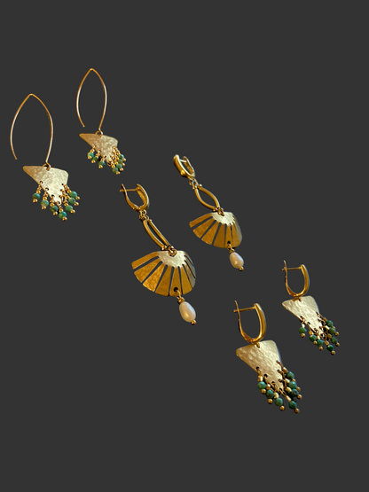 Aztec-Tulum•Unique Freshwater Pearl Golden Geometric Hand Hammered Brass Earrings