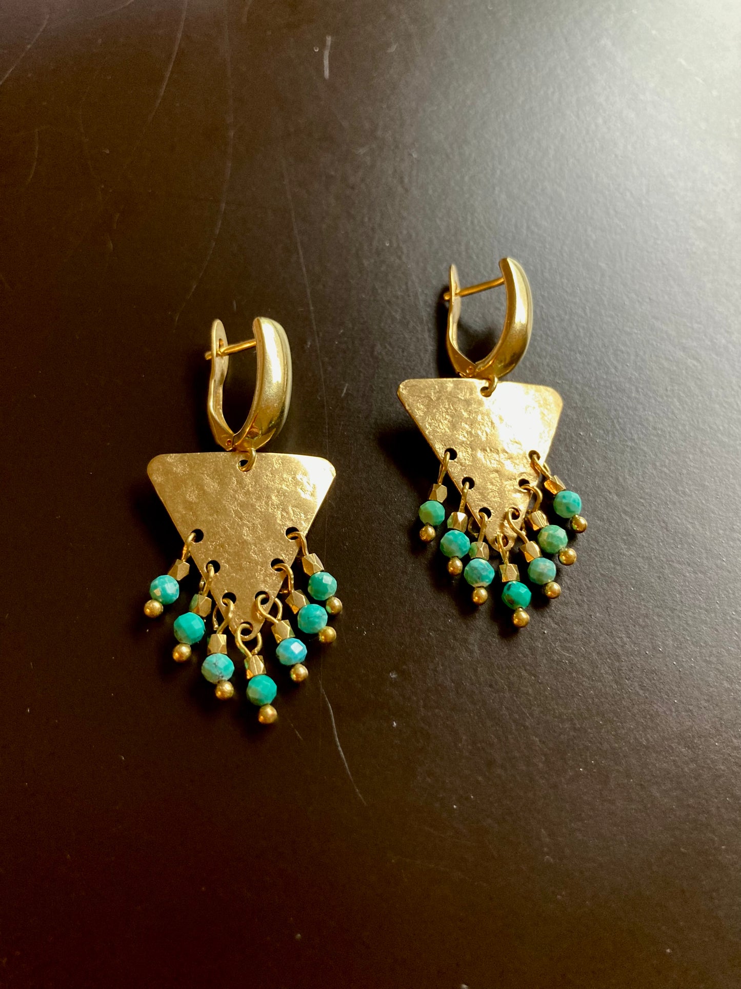 Tulum•Unique Hand Hammered Golden Geometric Turquoise Beads Tassel Earrings
