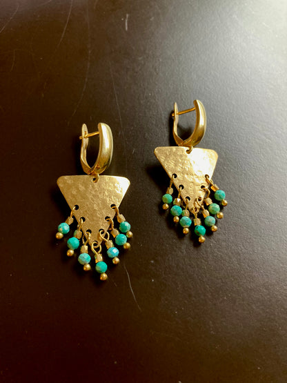 Tulum•Unique Hand Hammered Golden Geometric Turquoise Beads Tassel Earrings