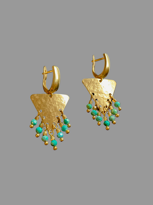 Tulum•Unique Hand Hammered Golden Geometric Turquoise Beads Tassel Earrings