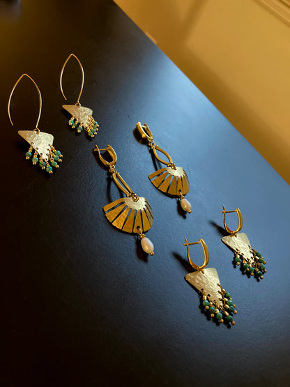 Aztec-Tulum•Unique Freshwater Pearl Golden Geometric Hand Hammered Brass Earrings