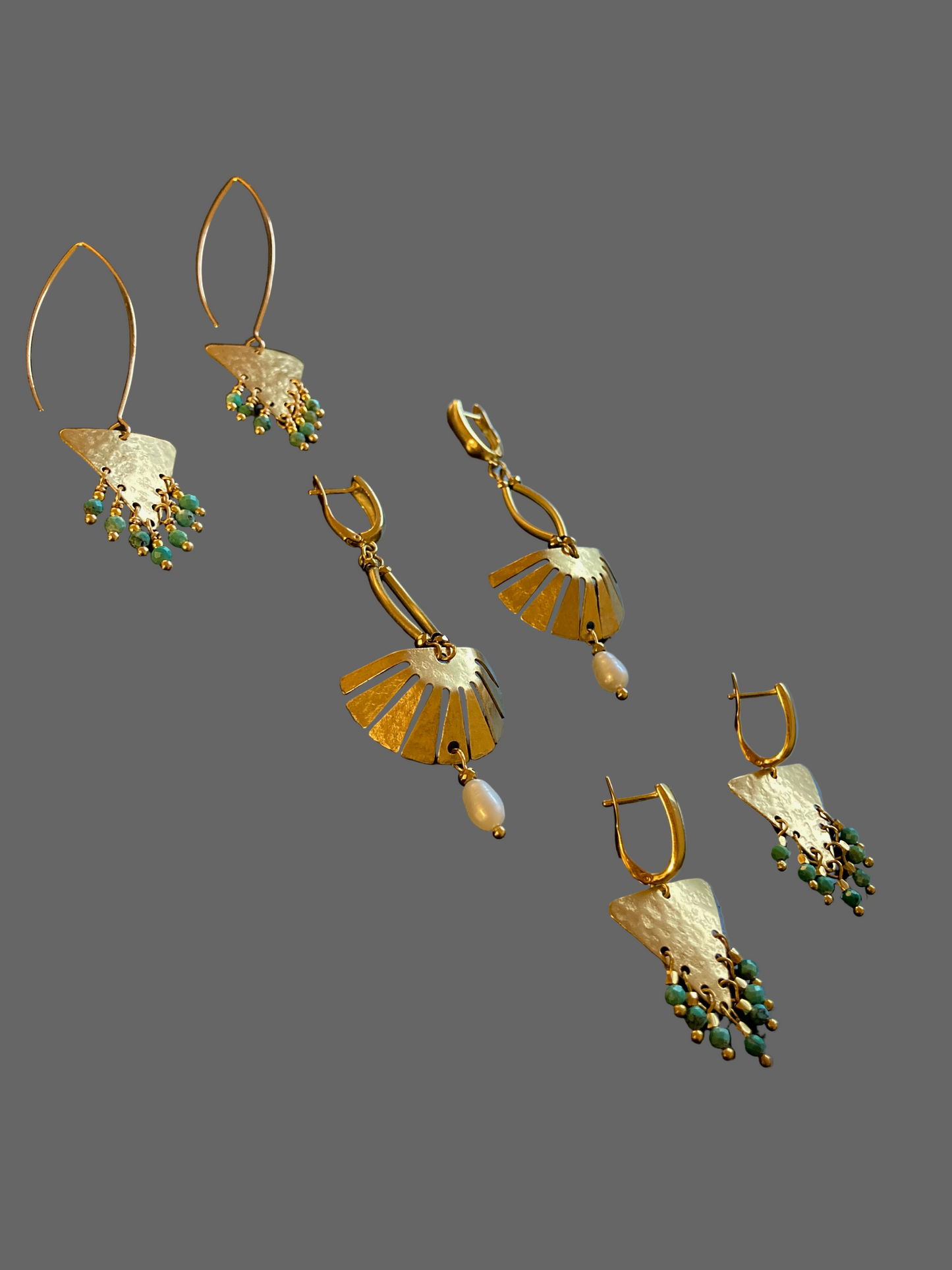 Tulum•Unique Hand Hammered Golden Geometric Turquoise Beads Tassel Earrings