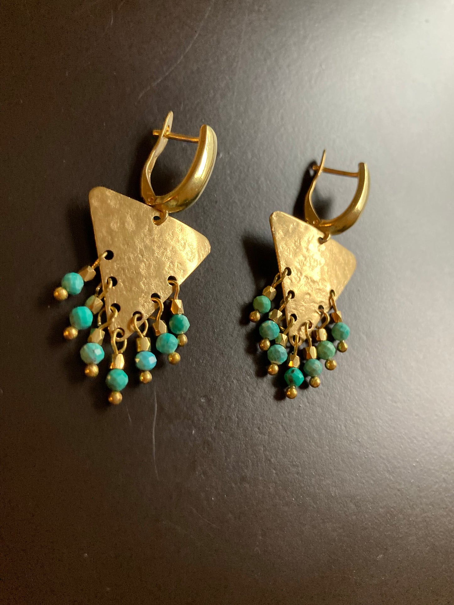 Tulum•Unique Hand Hammered Golden Geometric Turquoise Beads Tassel Earrings
