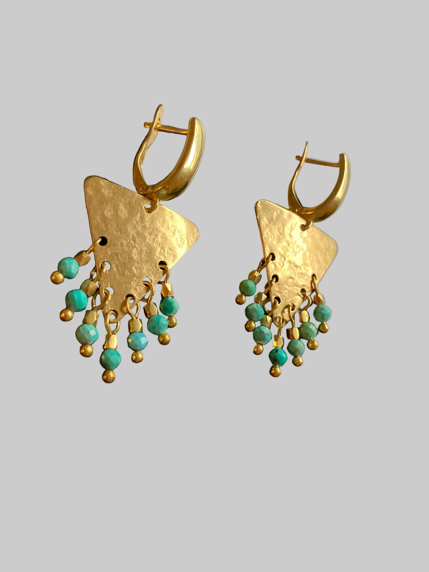 Tulum•Unique Hand Hammered Golden Geometric Turquoise Beads Tassel Earrings