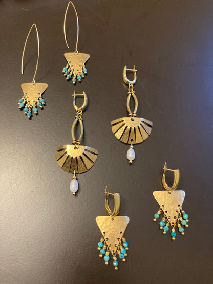 Aztec-Tulum•Unique Freshwater Pearl Golden Geometric Hand Hammered Brass Earrings