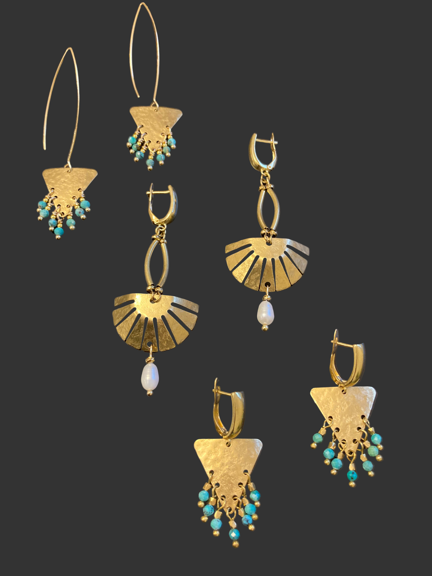 Tulum•Unique Hand Hammered Golden Geometric Turquoise Beads Tassel Earrings