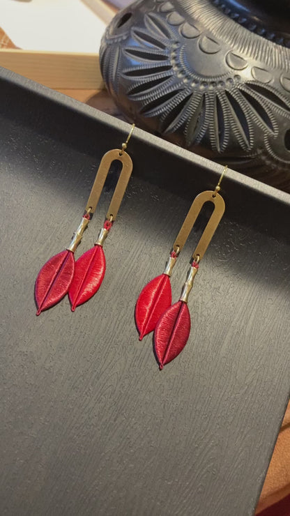 Kisses• Handmade Red Silky Thread Tree Leaf Earrings – Shiny Statement Artisan Jewelry