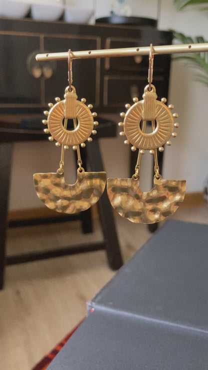 Discovery - Geometric Design Multi-Style Golden Hammered Brass Earrings